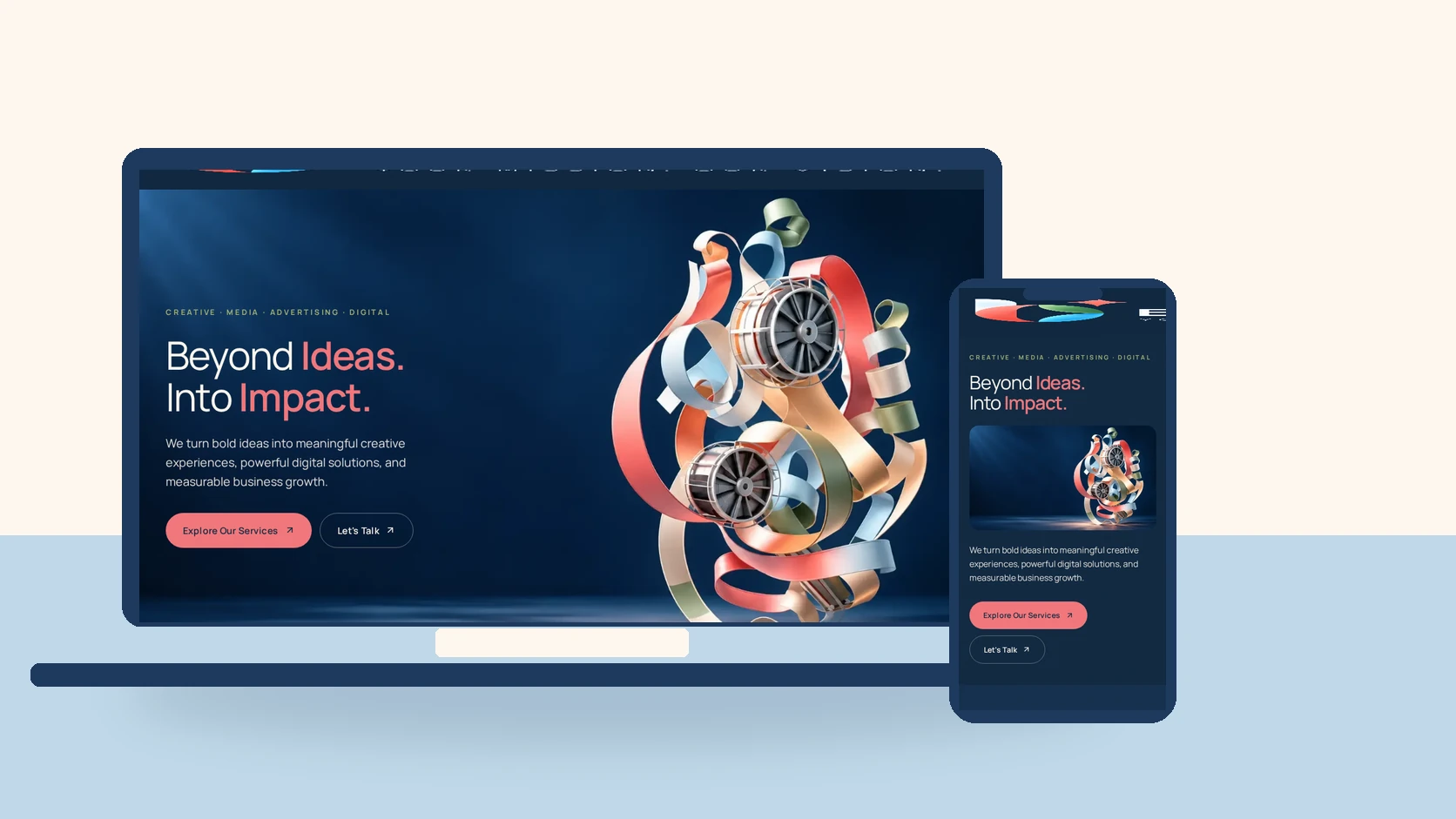 Laptop and mobile mockups showing website interfaces