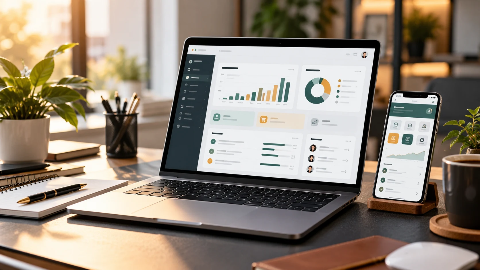 Business software dashboard and mobile app interfaces
