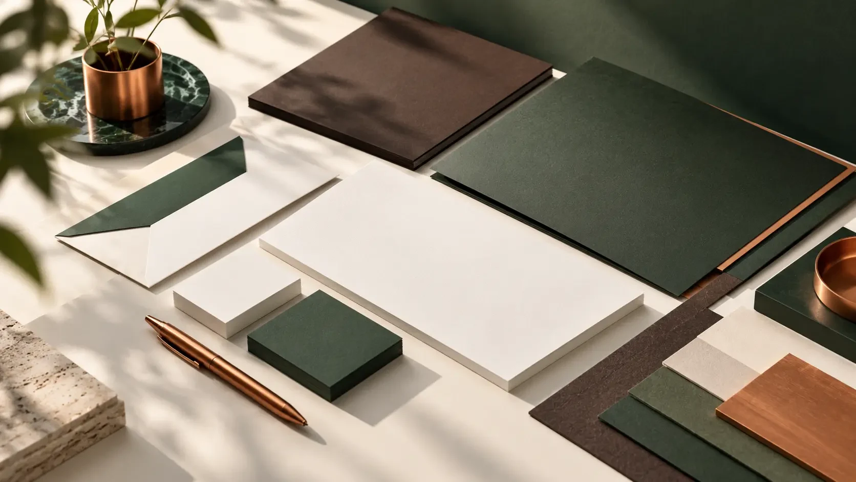 Brand identity mockups with typography, stationery and colour palette