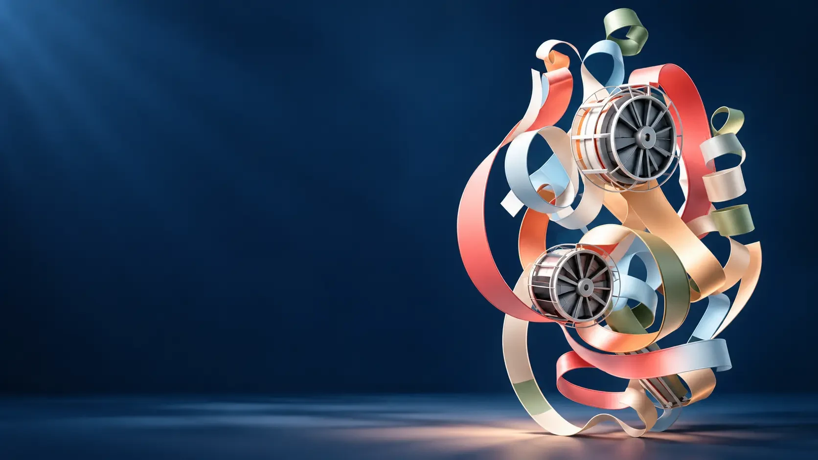 Abstract 3D turbine artwork wrapped in flowing coral, cream, sage and light-blue ribbons on a navy studio backdrop