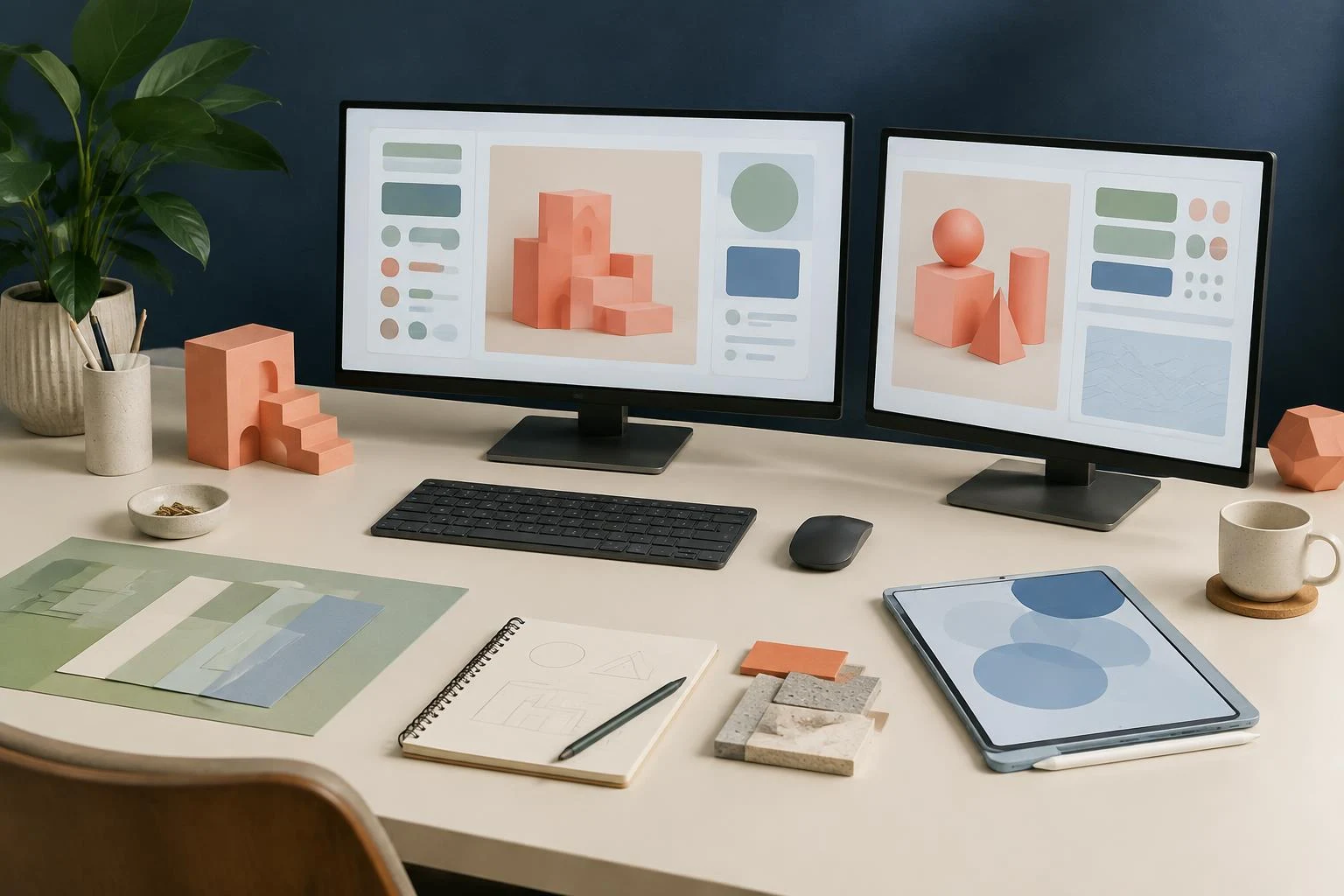 Editorial creative technology workspace with interface studies and colour samples
